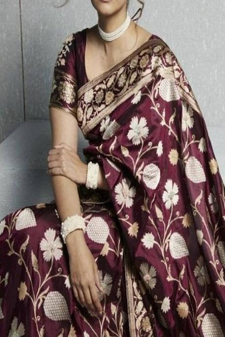 Awesome Maroon And Golden Colored Jari Flower Kattu Soft SOUTH CLUTURE SY 1116