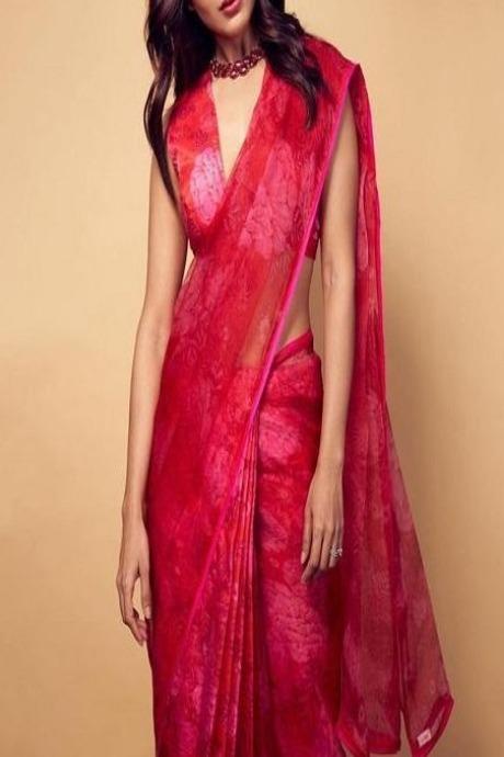 Admirable Red Colored Digital Printed Organza Saree SY 1091