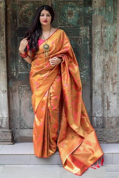 Appealing Orange Colored Kanchipuram Soft Silk Saree SY 1052