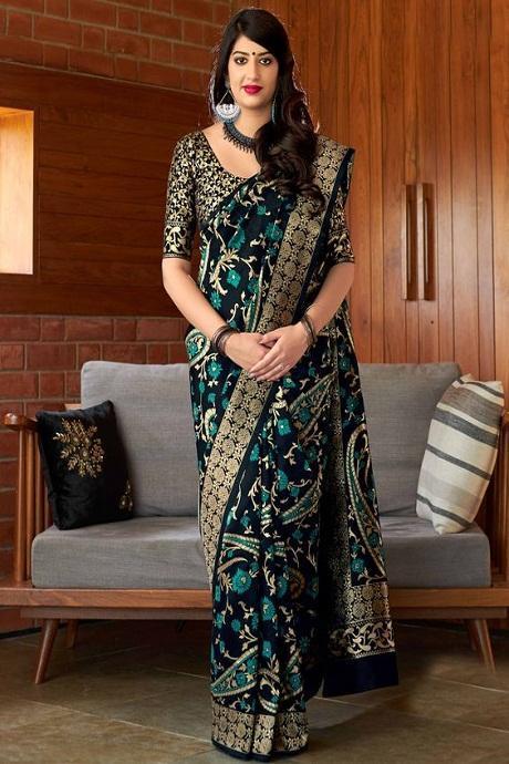 Black Color Soft Silk Designer Machine Weaving Print Saree SY 1062