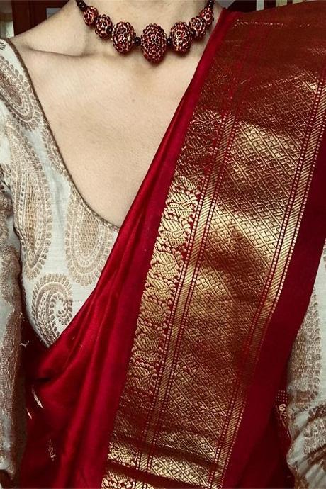 Adorning Red Color Hand loom Soft Cotton Silk Patta Sarees SY 907