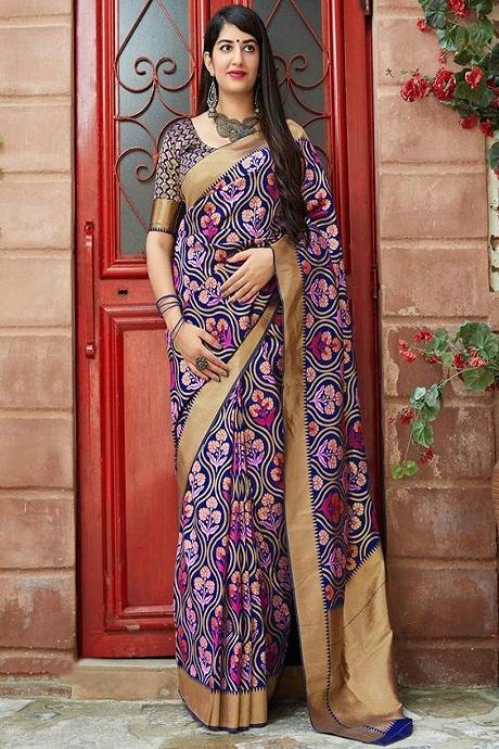 Appealing Blue And Multi Vel Color Soft Silk Jacquard Saree SY 1054