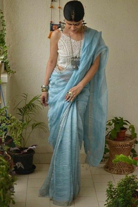 Appealing Sky Blue Color Cotton Linen Designer Hand Weaving Saree SY 892