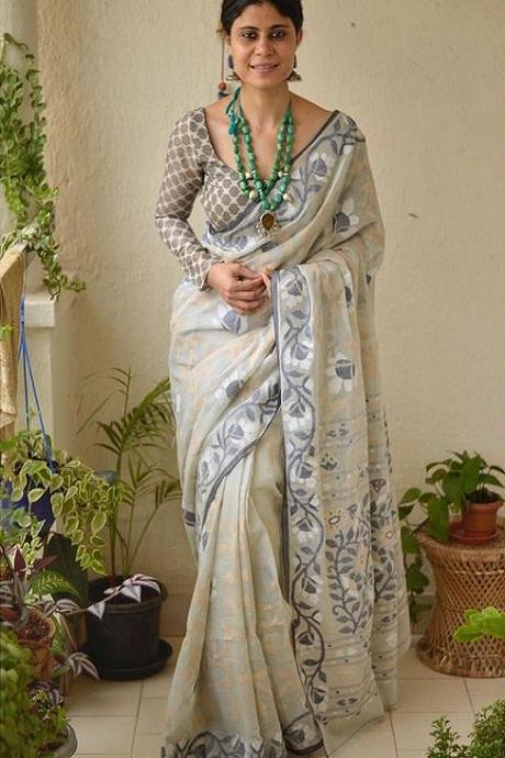 Appealing Light Coffee Color Cotton Linen Designer Digital Print Sari SY 894