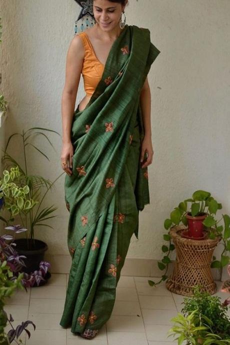 Awesome Green Color Linen Designer Soft Cotton Saree SY 901