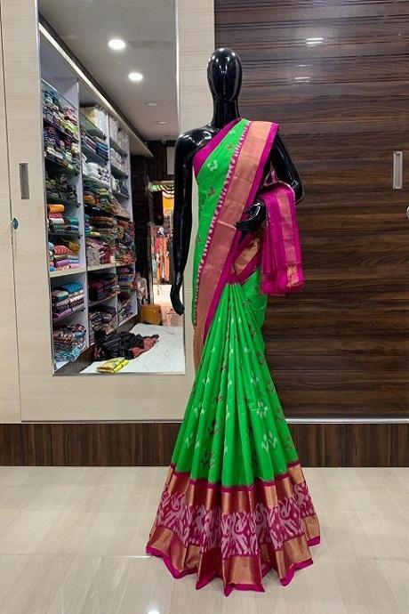 Superior Green And Rani Colored Hand Weaving Soft Silk Ikat Sari SY 987