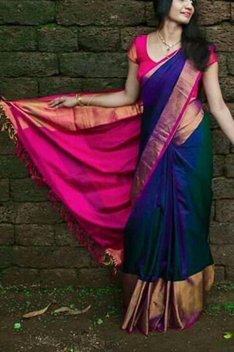 Attractive Blue And Rani Colored Party Wear Hand Weaving Saree SY 793