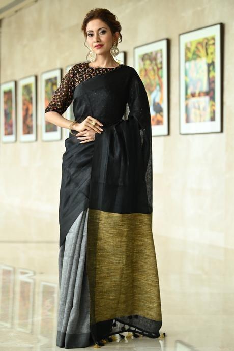 Appealing Black Color Cotton Linen Digital Print Saree SY 511