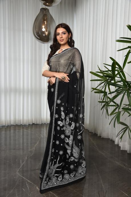 Attractive Black Colour Soft Printed Silk Linen Saree SY 341