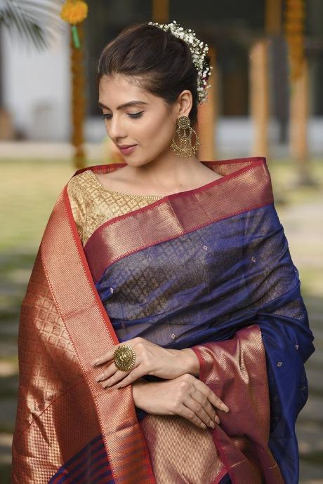 Attractive Blue And Rani Colored Party Wear Hand Weaving Saree SY 755