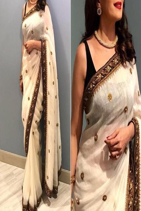Designer One piece White Colored Silk Fancy Saree SY 1218