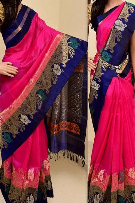 Admirable Red N Blue Colored Hand Block Cotton Saree SY 1128