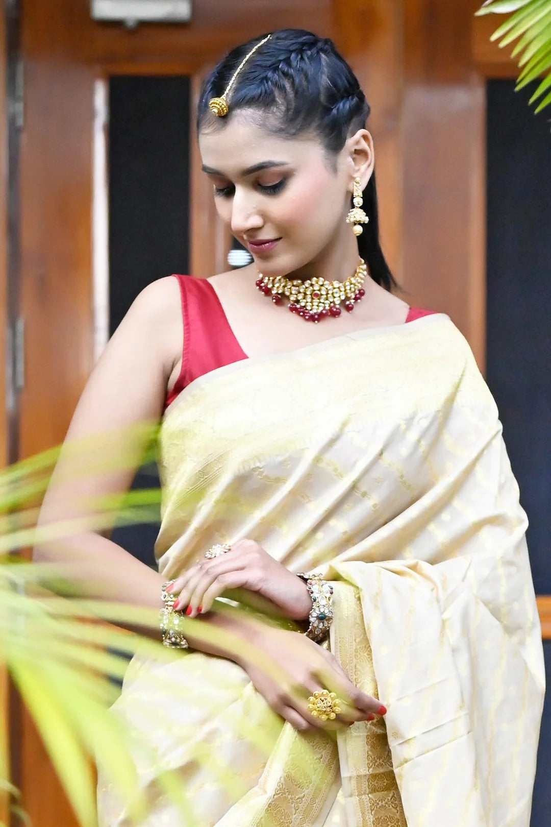 Beige Color Banarasi Silk Saree with Golden Zari Work