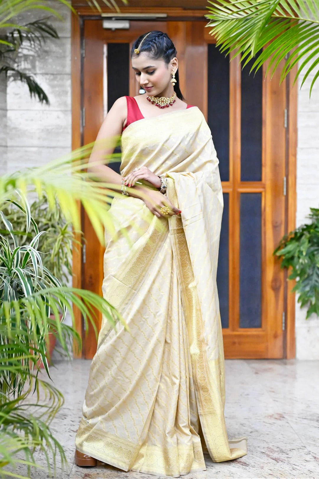 Beige Color Banarasi Silk Saree with Golden Zari Work