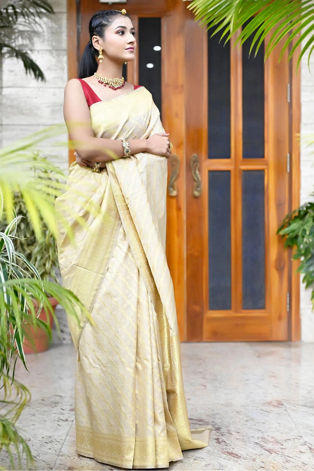 Beige Color Banarasi Silk Saree with Golden Zari Work