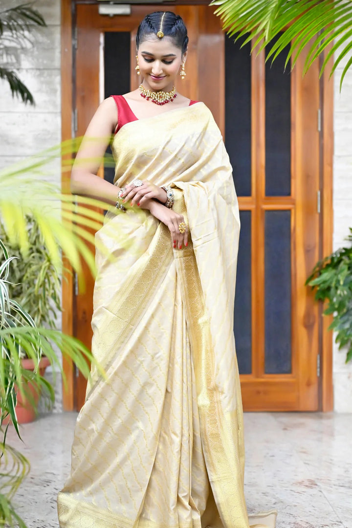 Beige Color Banarasi Silk Saree with Golden Zari Work
