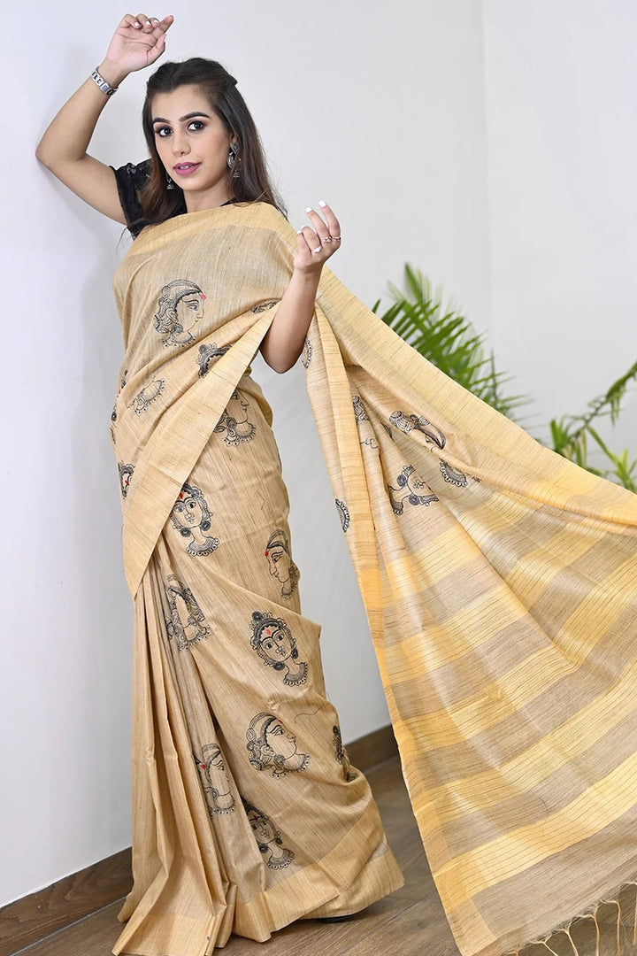 Casual Wear Beige Orange Color Maheshwari Handloom Saree