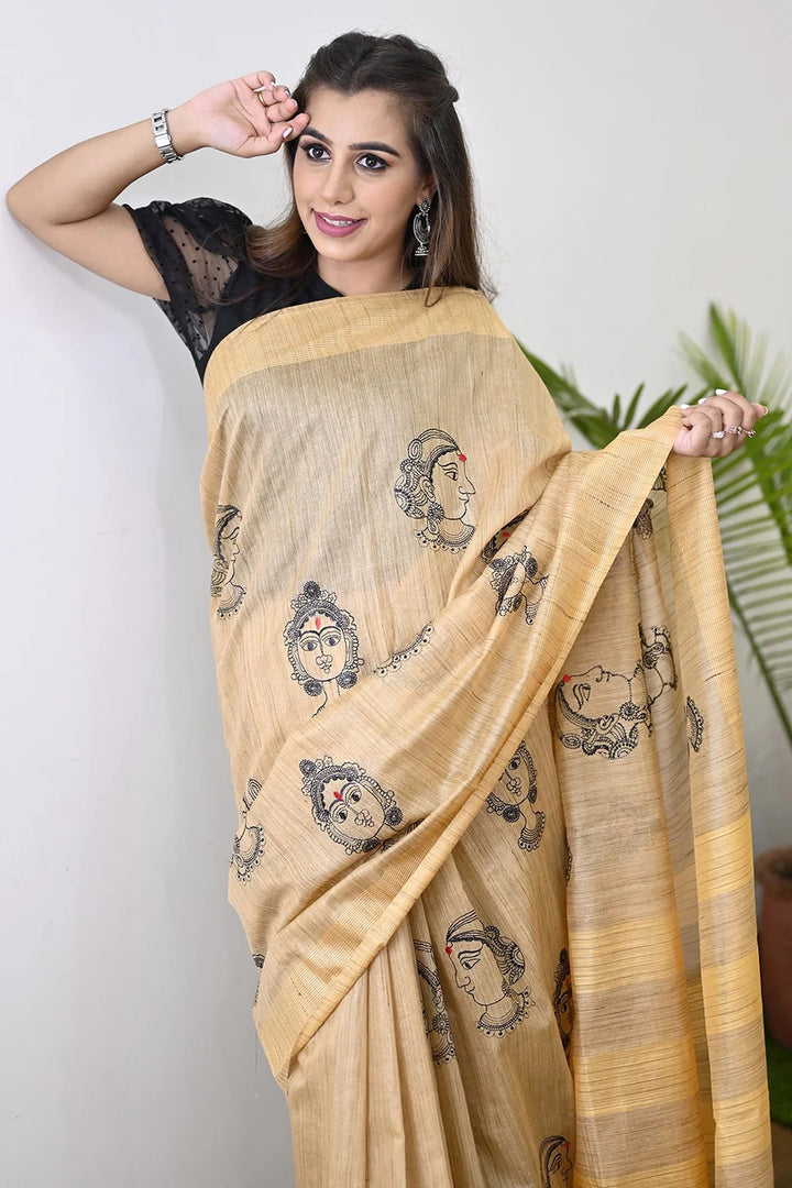 Casual Wear Beige Orange Color Maheshwari Handloom Saree