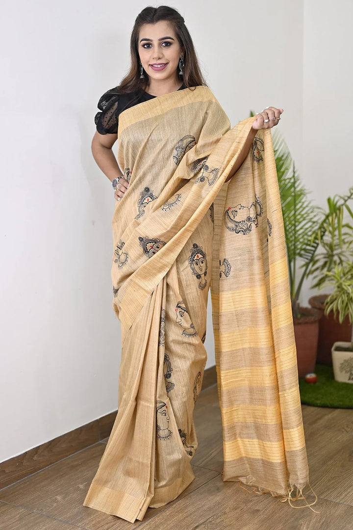 Casual Wear Beige Orange Color Maheshwari Handloom Saree