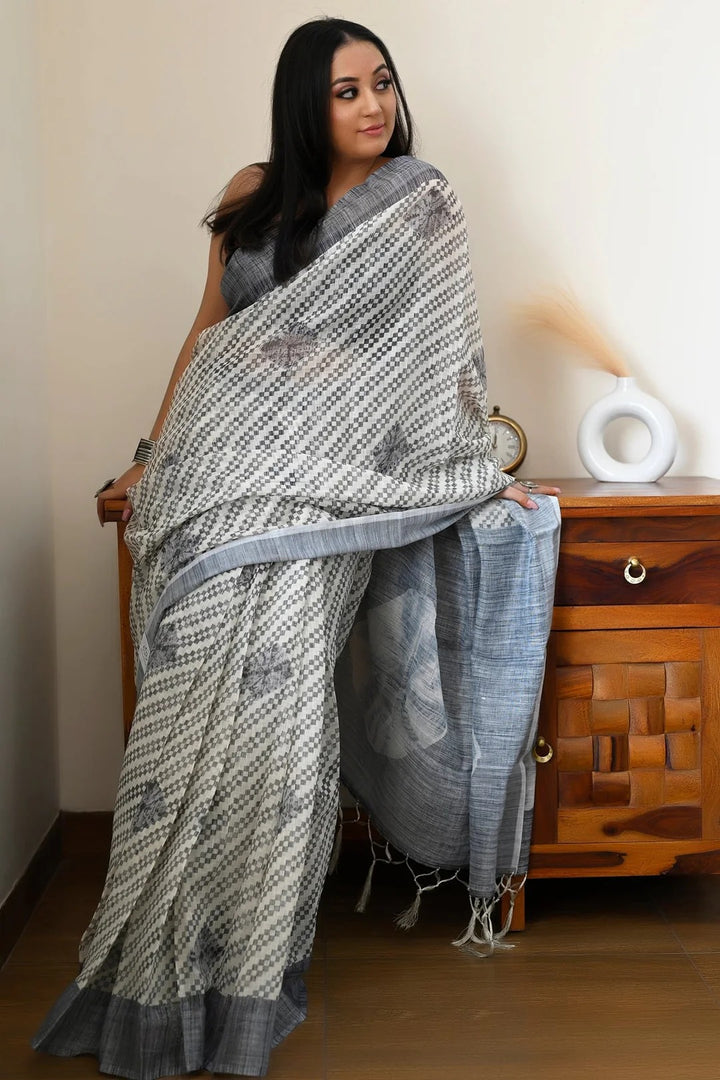 Casual Wear Cream Grey Color Linen Saree with Digital Print