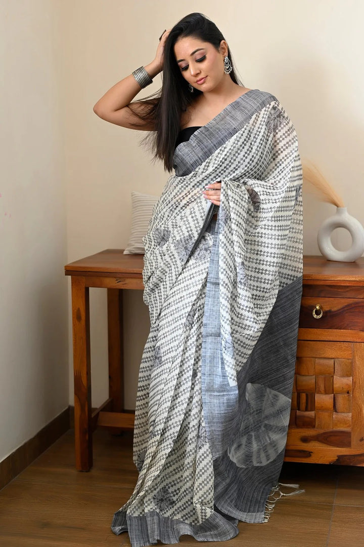 Casual Wear Cream Grey Color Linen Saree with Digital Print