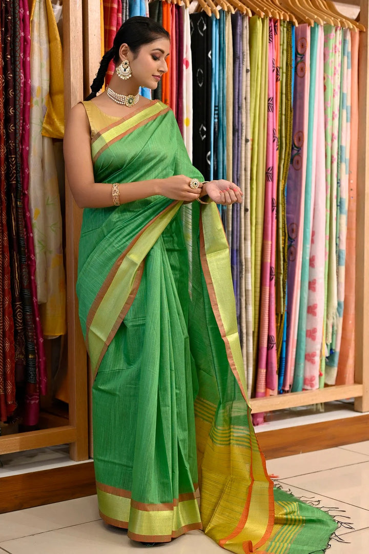 Casual Wear Green Color Maheshwari Handloom Saree