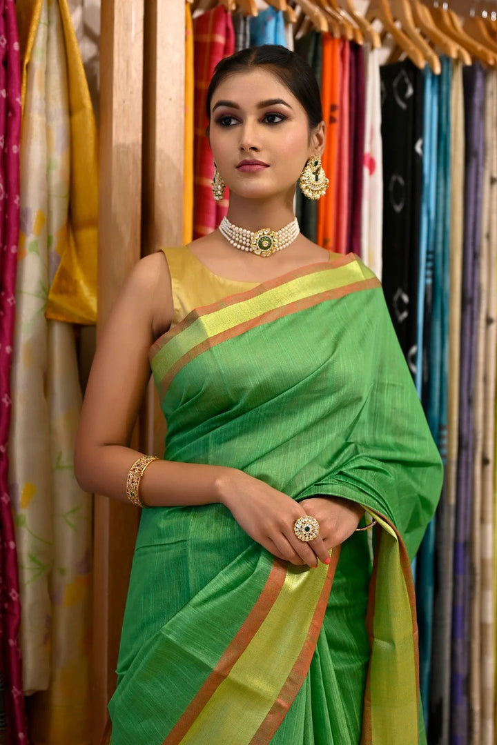 Casual Wear Green Color Maheshwari Handloom Saree