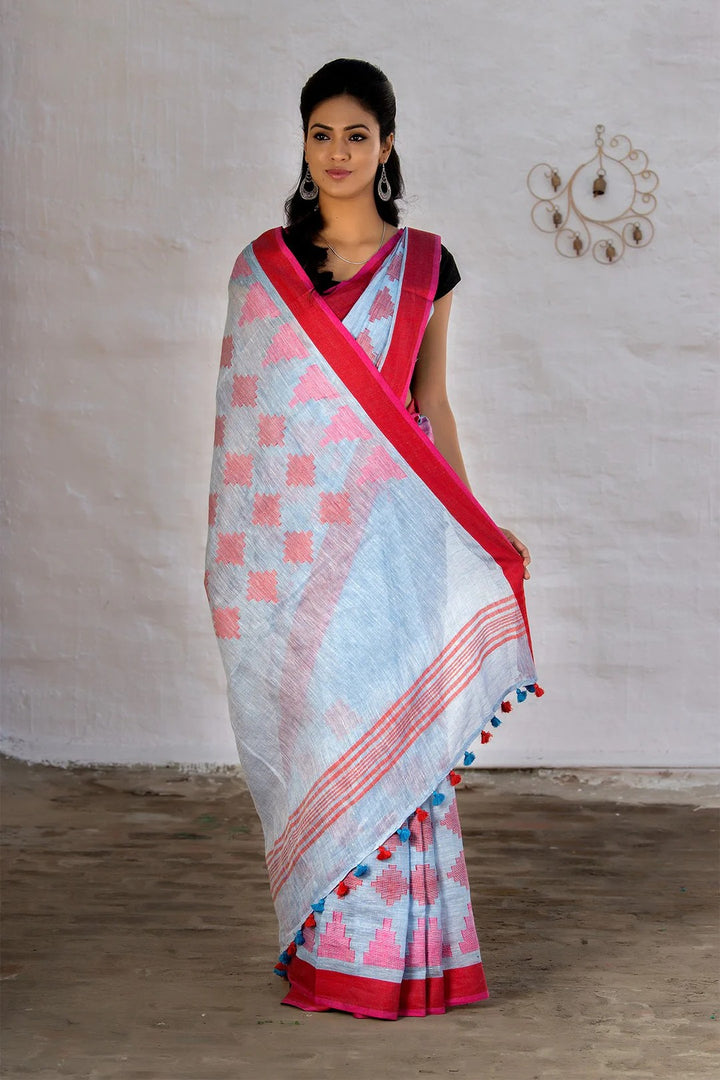 Casual Wear Lightblue And Red Pure Linen Saree