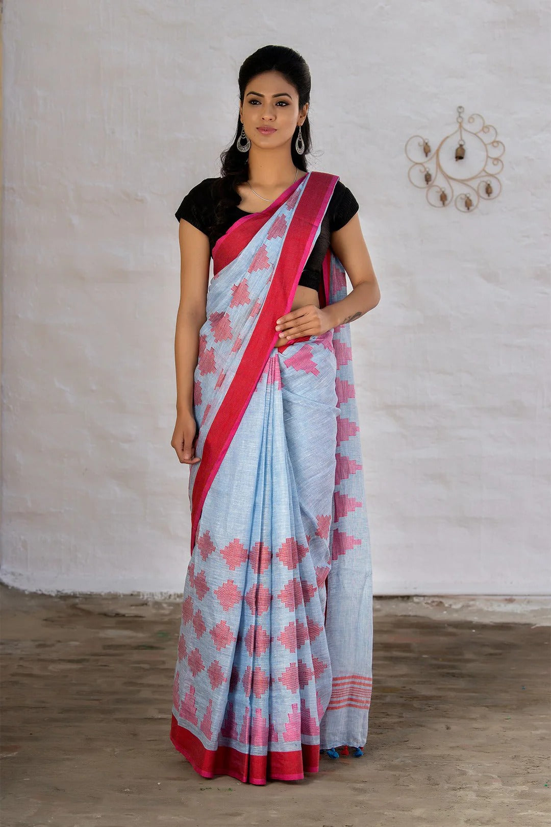 Casual Wear Lightblue And Red Pure Linen Saree