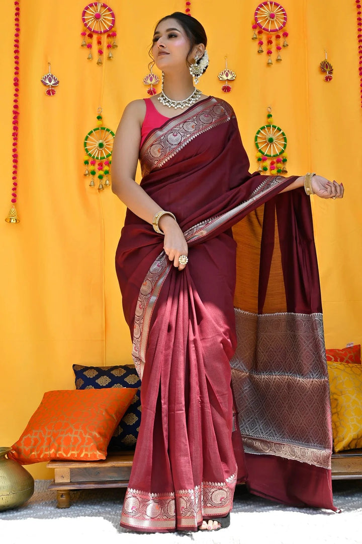 Casual Wear Maroon Color Banarasi Silk Saree