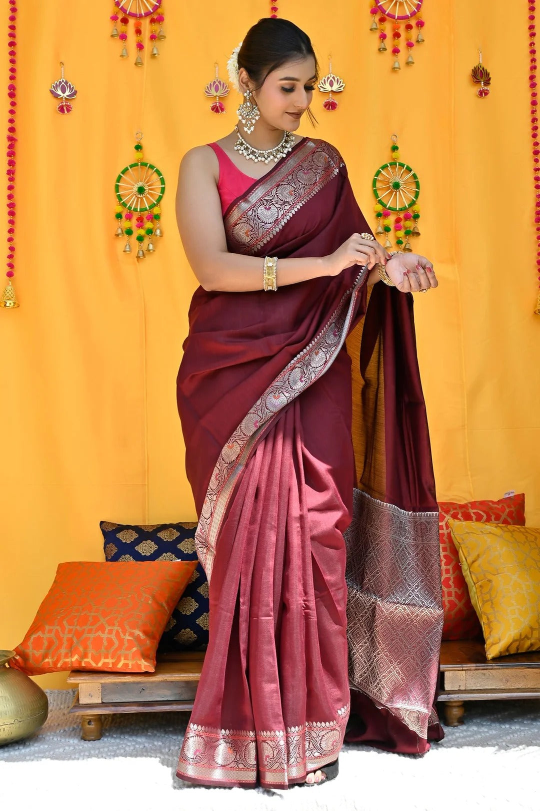 Casual Wear Maroon Color Banarasi Silk Saree