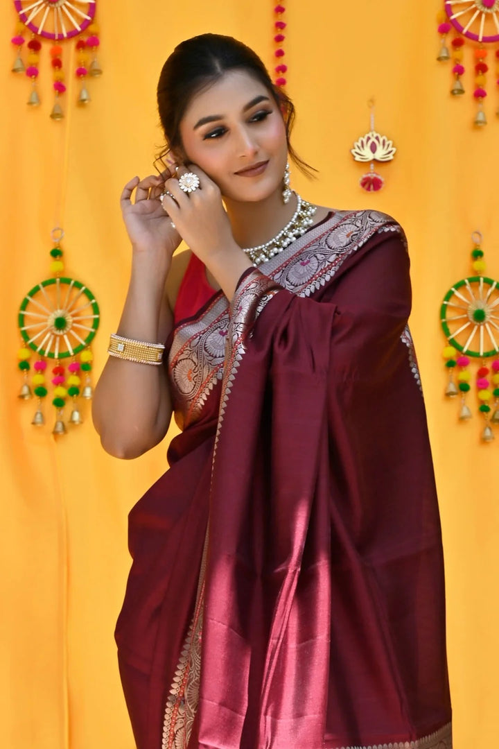 Casual Wear Maroon Color Banarasi Silk Saree