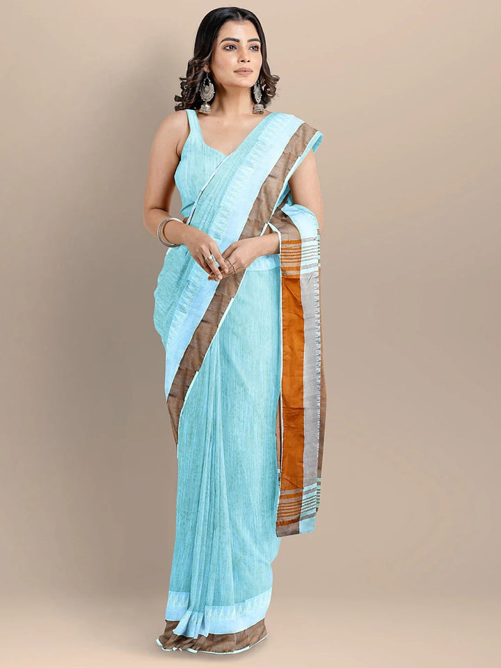 Casual Wear Sky Blue Color Maheshwari Saree With Golden Zari Pallu