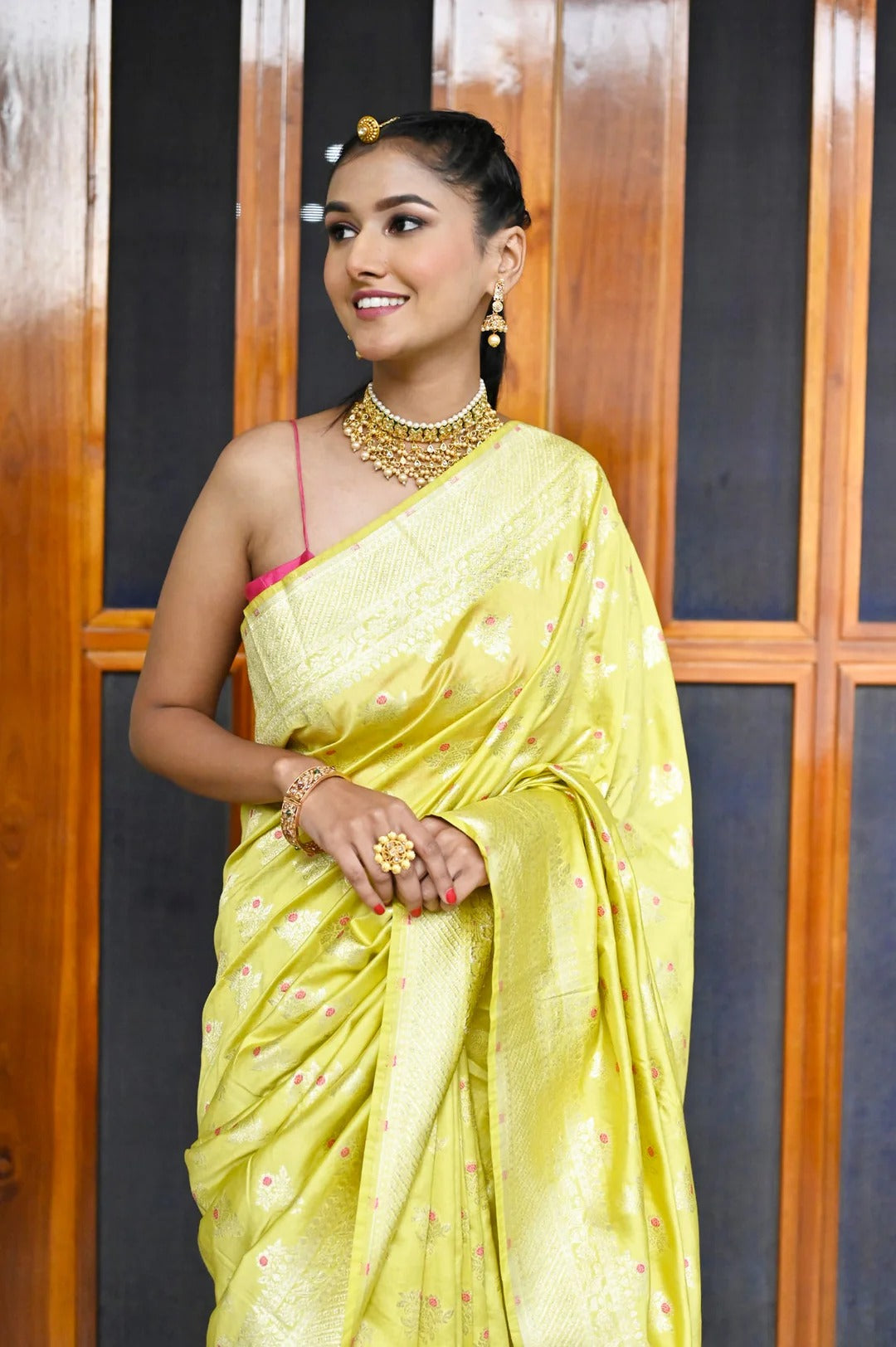 Casual Wear Yellow Color Banarasi Saree with Golden Zari Border