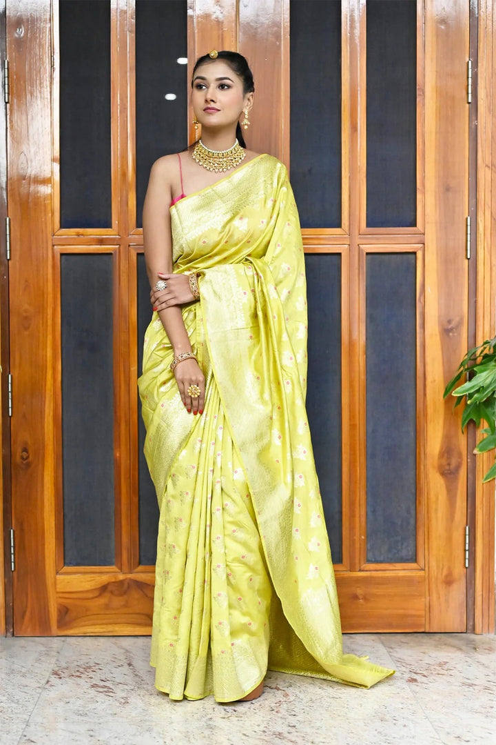 Casual Wear Yellow Color Banarasi Saree with Golden Zari Border