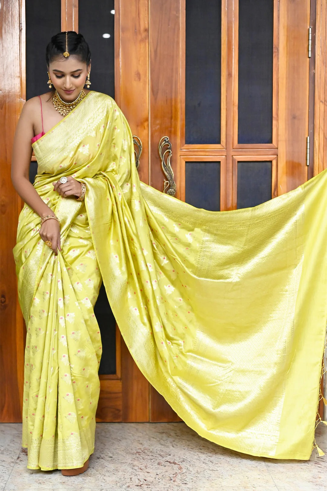 Casual Wear Yellow Color Banarasi Saree with Golden Zari Border