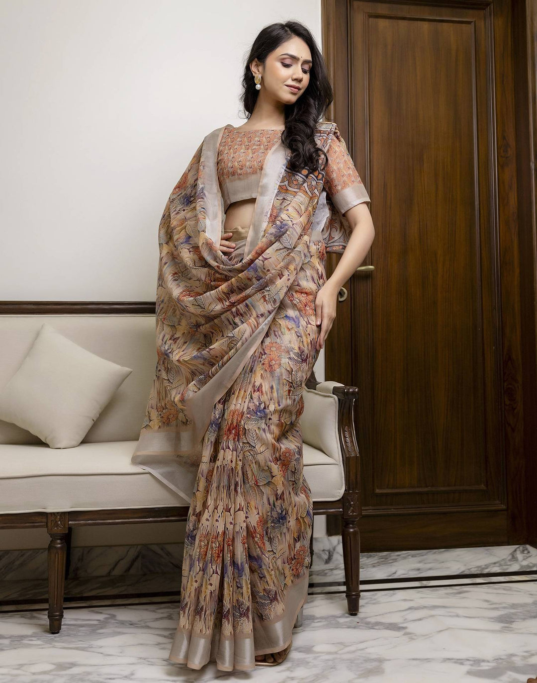 Festival Wear Beige Color Linen Silk Printed Saree