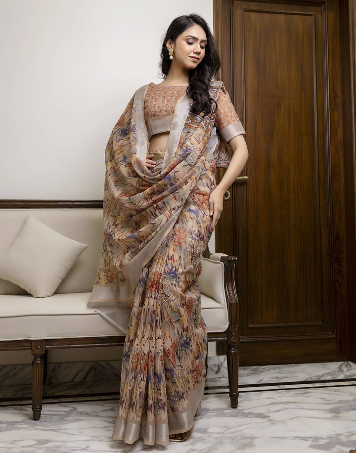 Festival Wear Beige Color Linen Silk Printed Saree
