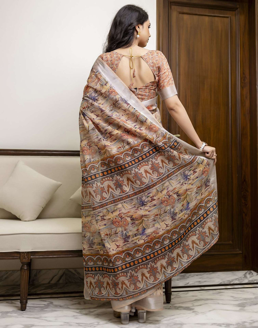 Festival Wear Beige Color Linen Silk Printed Saree