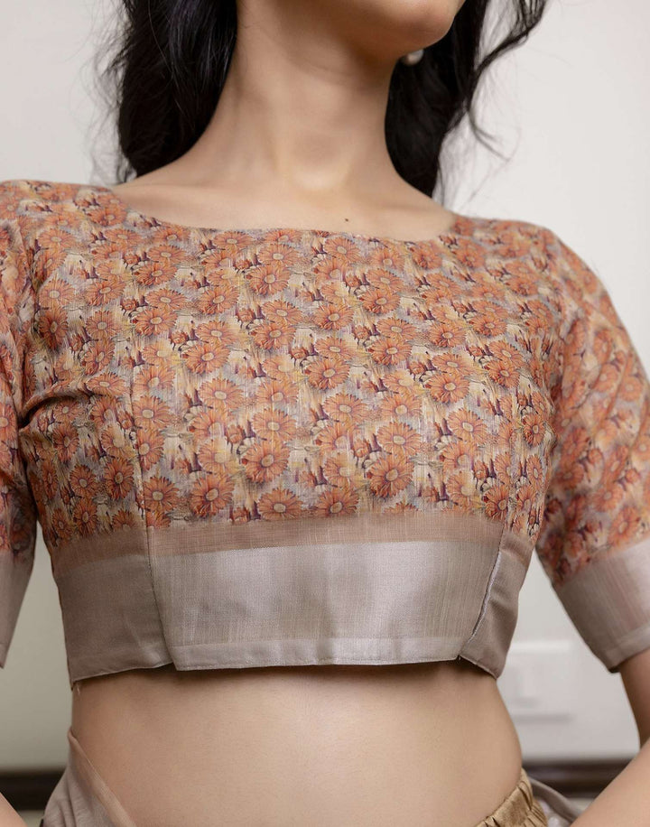 Festival Wear Beige Color Linen Silk Printed Saree