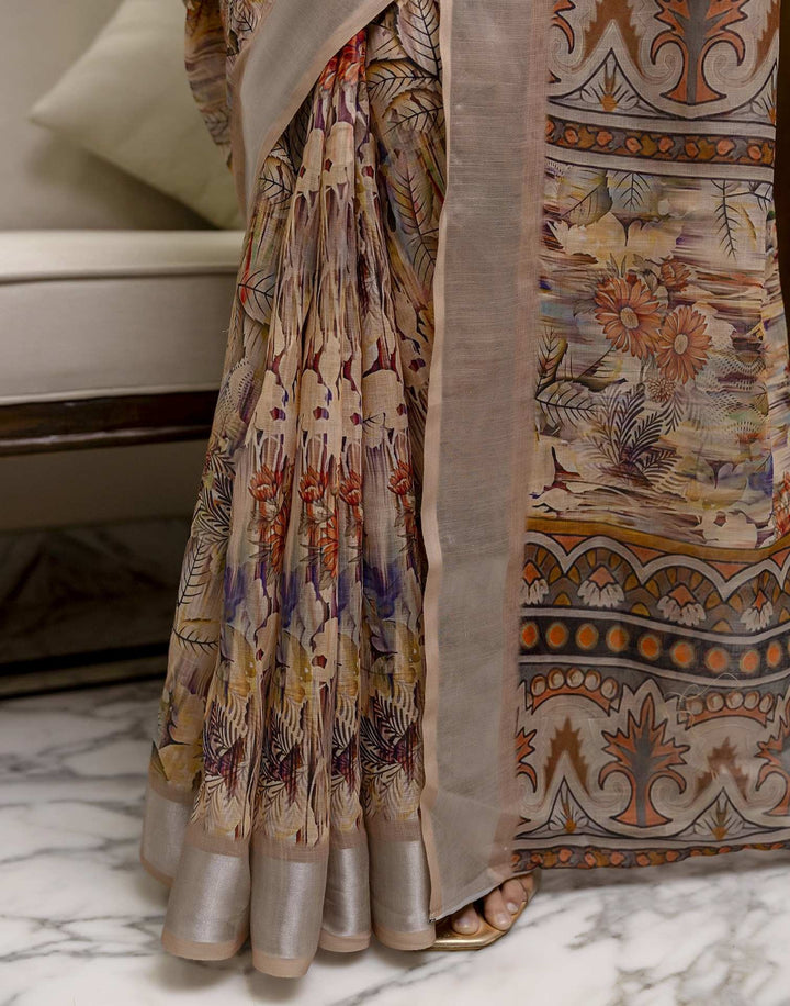 Festival Wear Beige Color Linen Silk Printed Saree