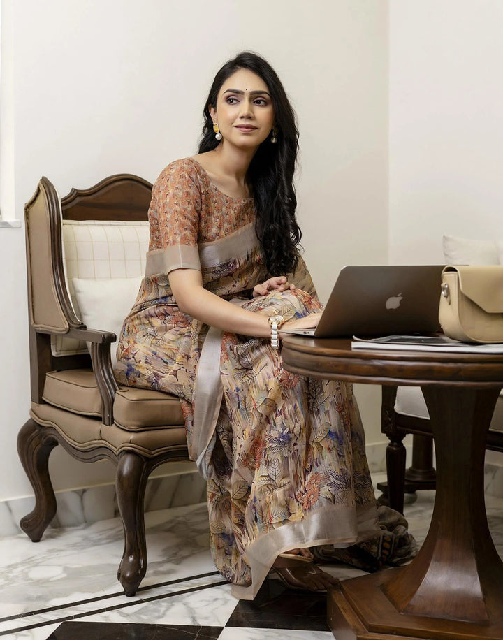 Festival Wear Beige Color Linen Silk Printed Saree