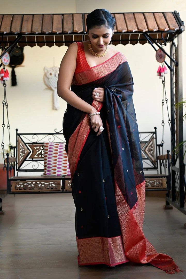 Festival Wear Black And Red Color Maheshwari Saree