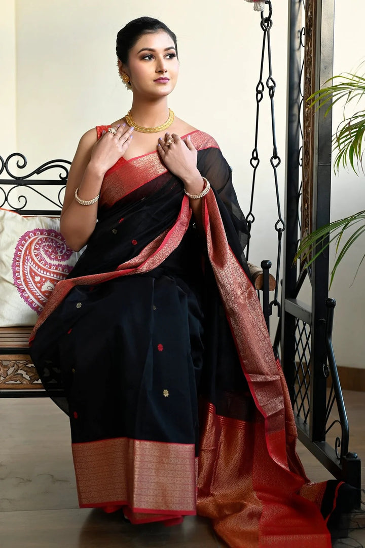 Festival Wear Black And Red Color Maheshwari Saree
