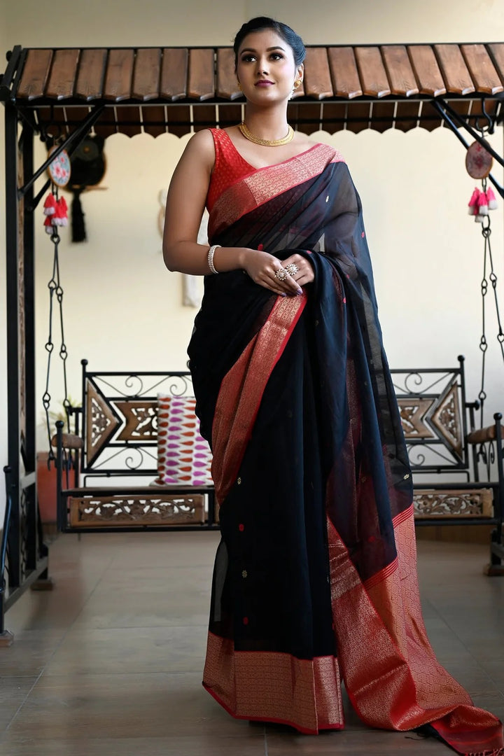 Festival Wear Black And Red Color Maheshwari Saree
