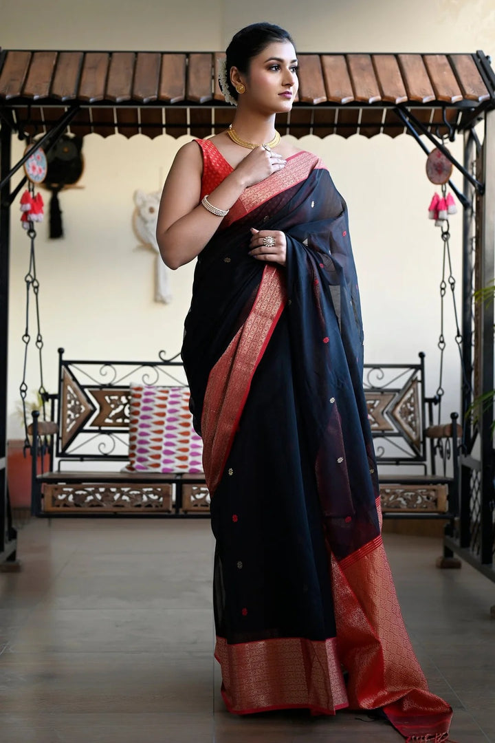 Festival Wear Black And Red Color Maheshwari Saree
