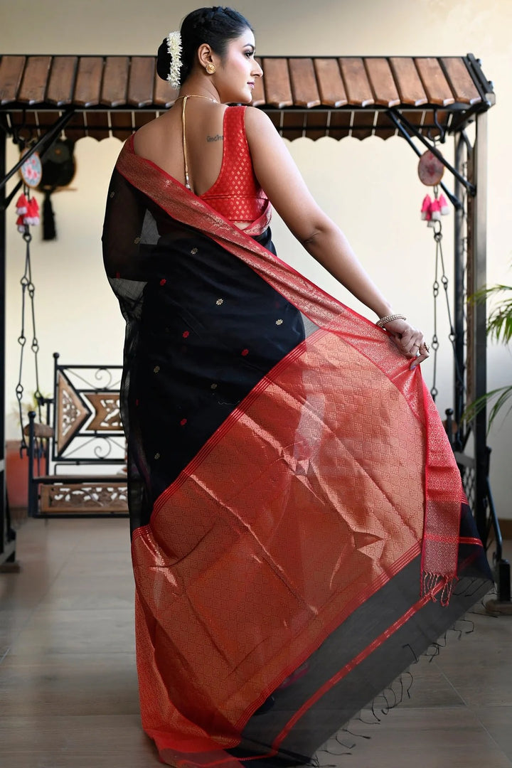 Festival Wear Black And Red Color Maheshwari Saree