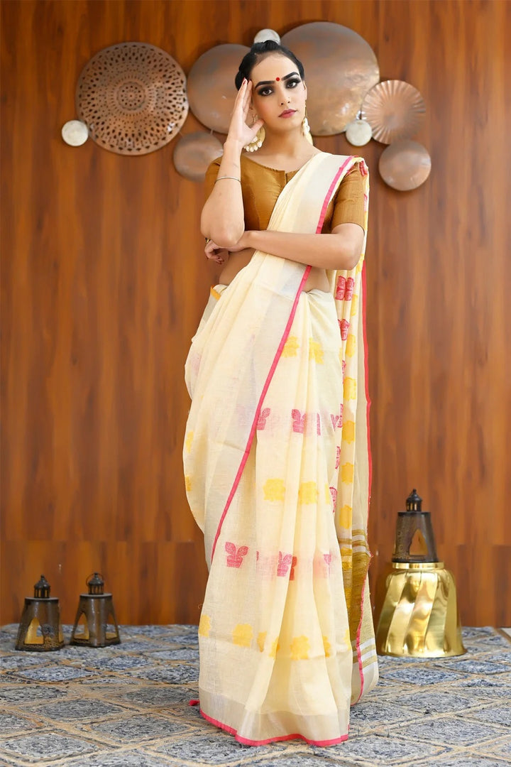 Festival Wear Cream Color Linen Embroidered Handloom Saree