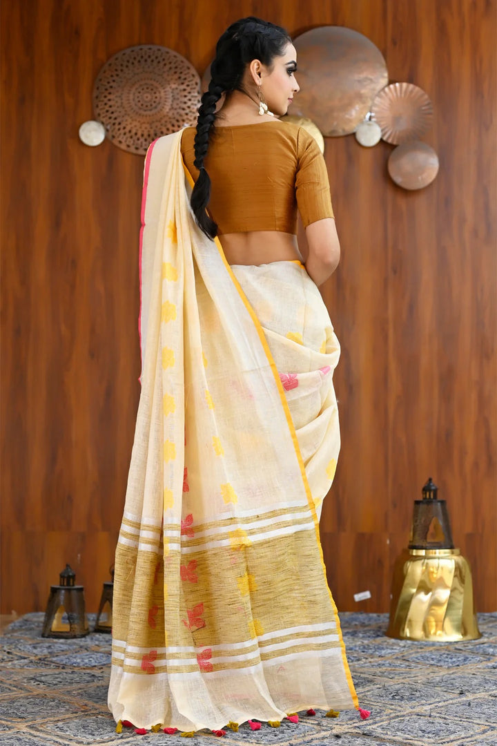 Festival Wear Cream Color Linen Embroidered Handloom Saree