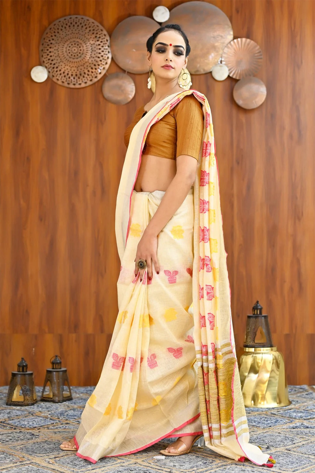 Festival Wear Cream Color Linen Embroidered Handloom Saree